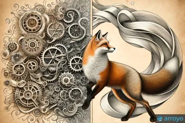 Engraving showing a fox next to complex gears on one side and simple flowing lines on the other