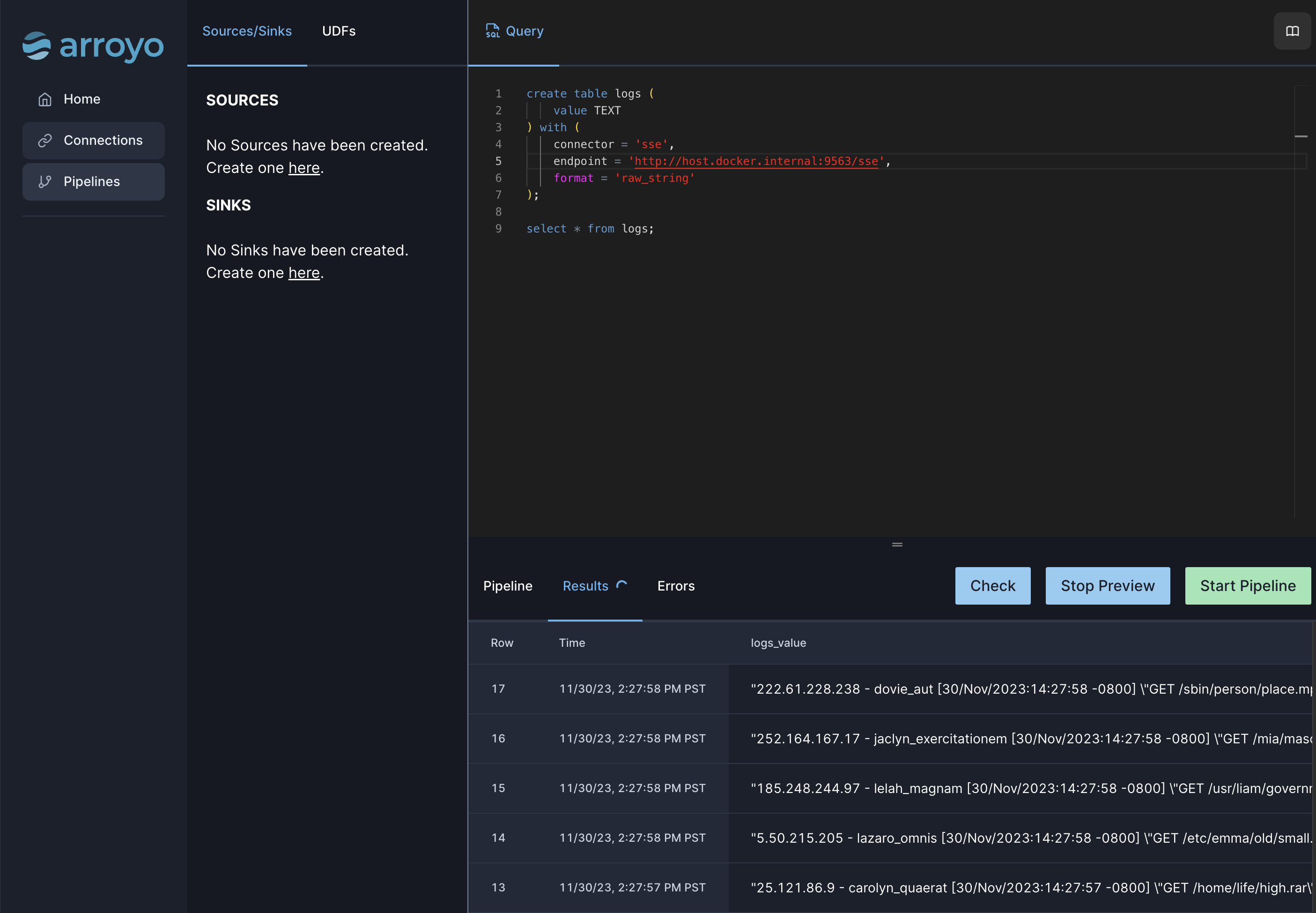 The Arroyo UI showing the preview output of the pipeline